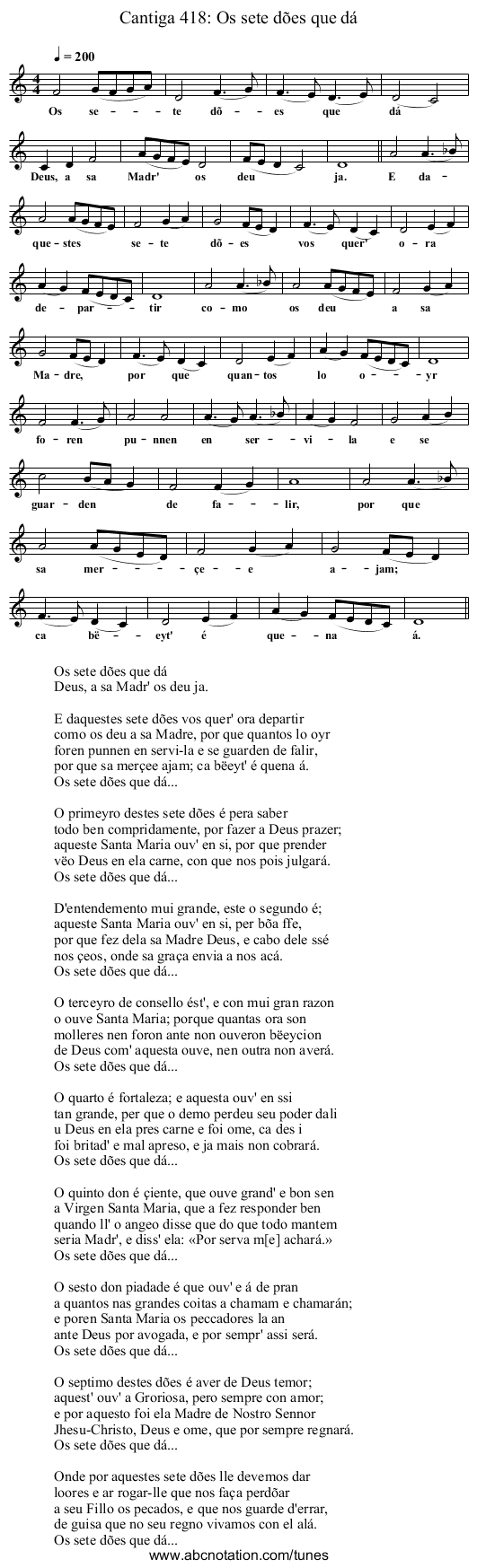 Cantiga 418: Os sete dões que dá - staff notation