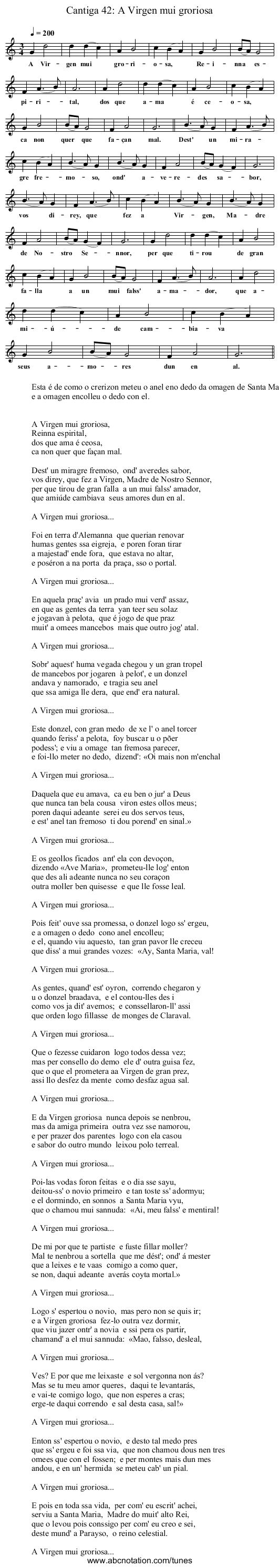Cantiga 42: A Virgen mui groriosa - staff notation
