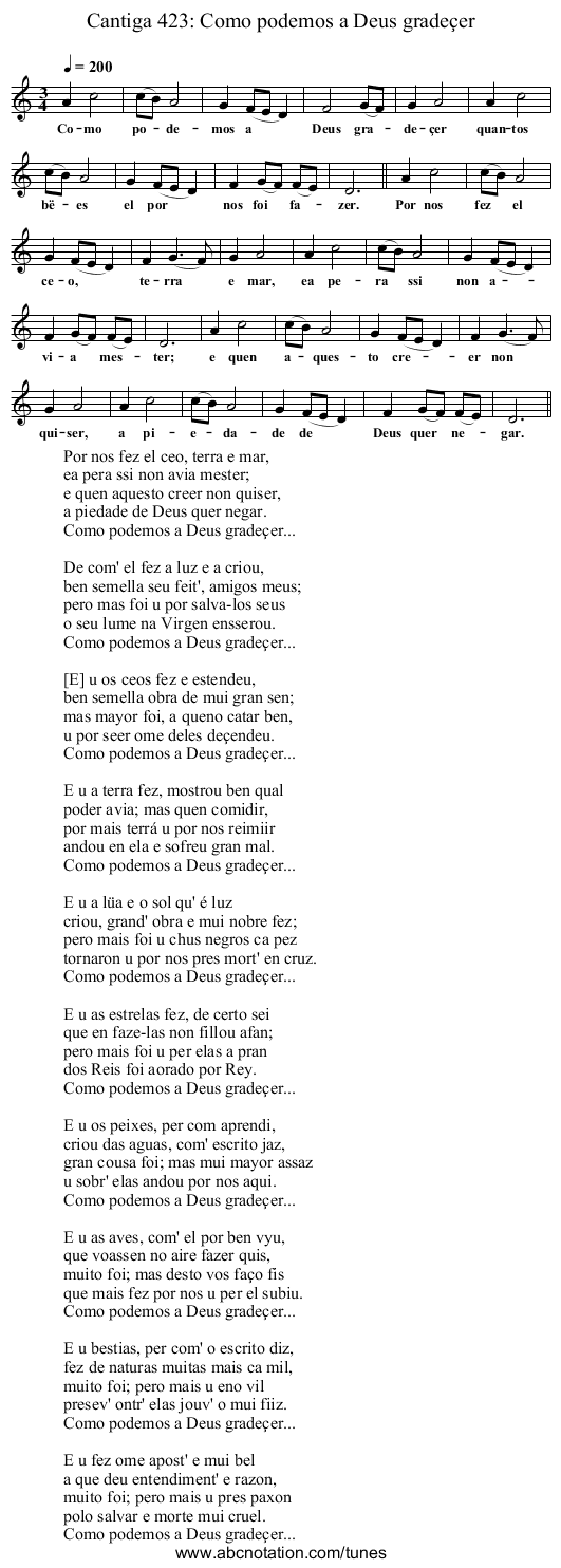 Cantiga 423: Como podemos a Deus gradeçer - staff notation