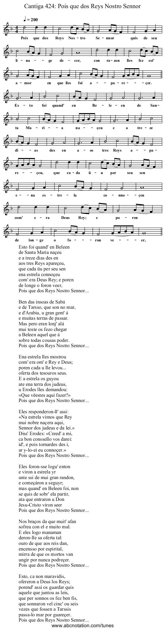 Cantiga 424: Pois que dos Reys Nostro Sennor - staff notation