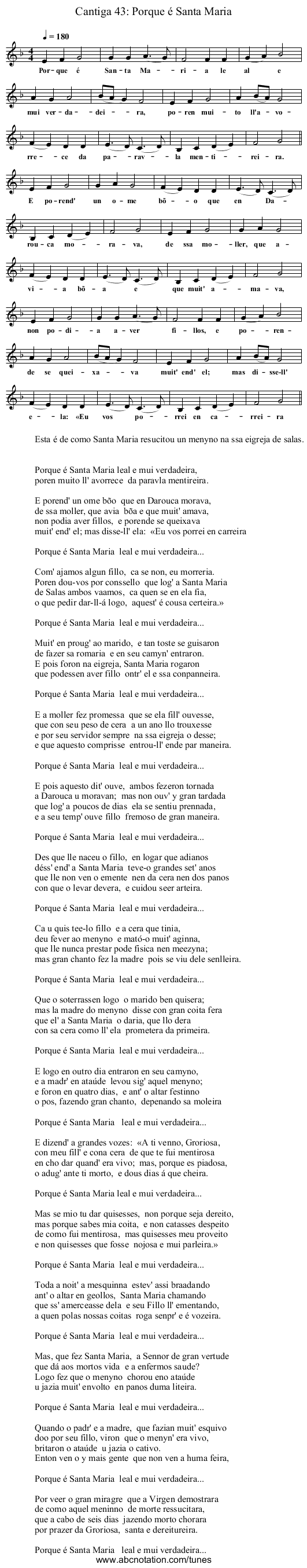 Cantiga 43: Porque é Santa Maria - staff notation