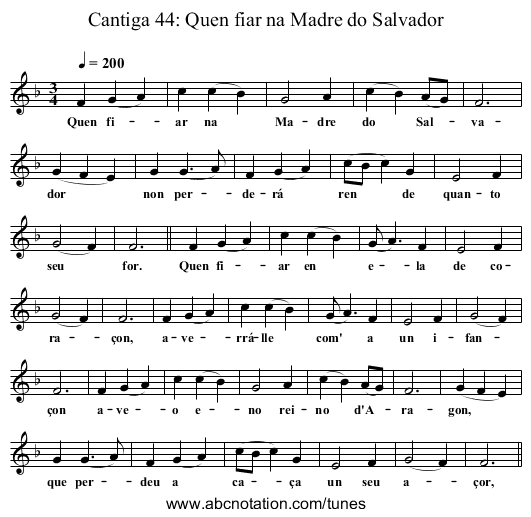 Cantiga 44: Quen fiar na Madre do Salvador - staff notation