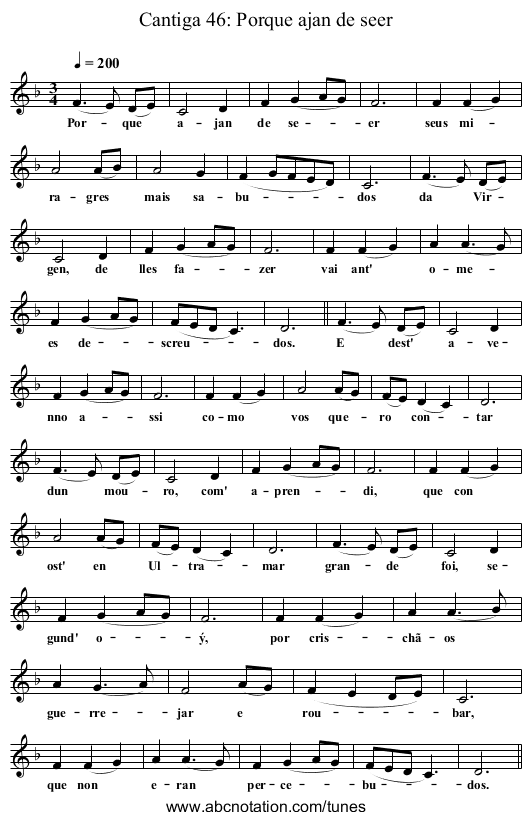 Cantiga 46: Porque ajan de seer - staff notation