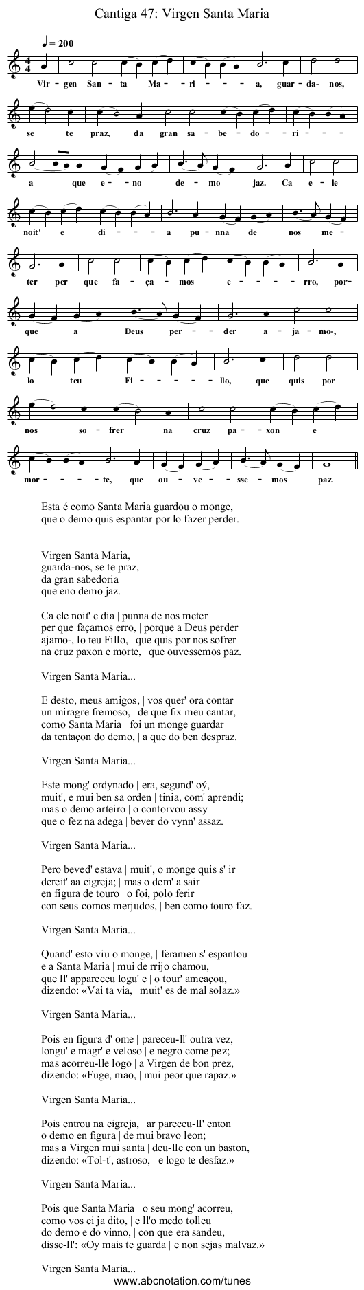 Cantiga 47: Virgen Santa Maria - staff notation