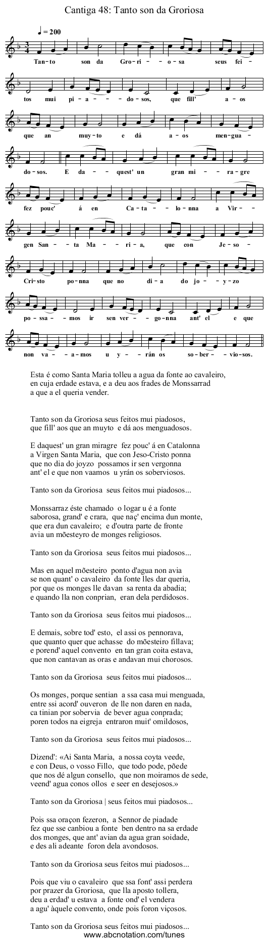 Cantiga 48: Tanto son da Groriosa - staff notation
