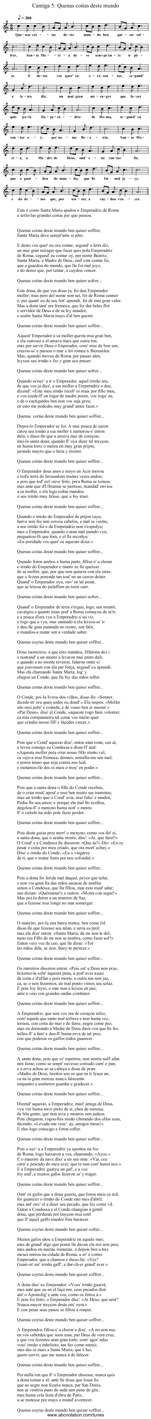 Cantiga 5: Quenas coitas deste mundo - staff notation