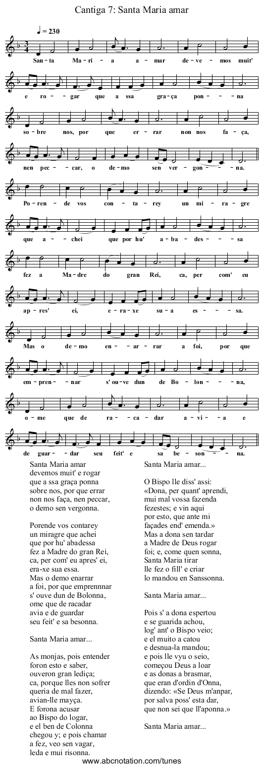 Cantiga 7: Santa Maria amar - staff notation