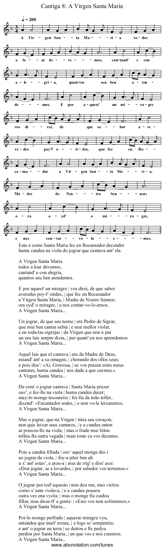 Cantiga 8: A Virgen Santa Maria - staff notation