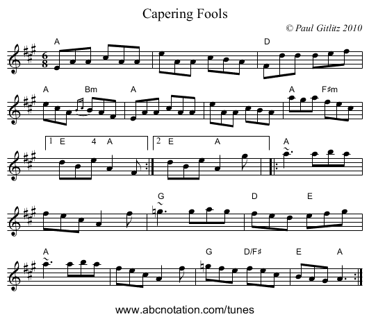 Capering Fools - staff notation