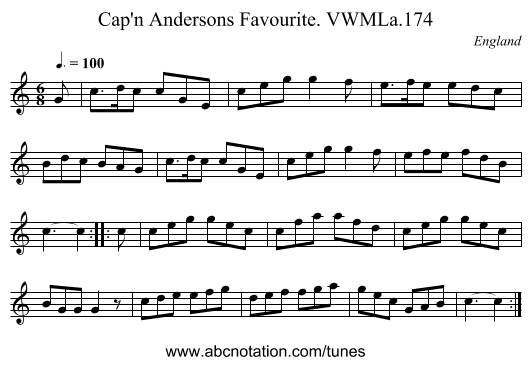 Cap'n Andersons Favourite. VWMLa.174 - staff notation