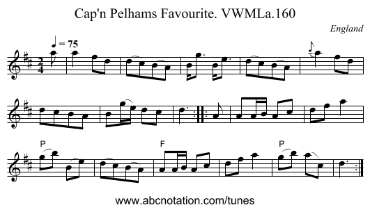 Cap'n Pelhams Favourite. VWMLa.160 - staff notation