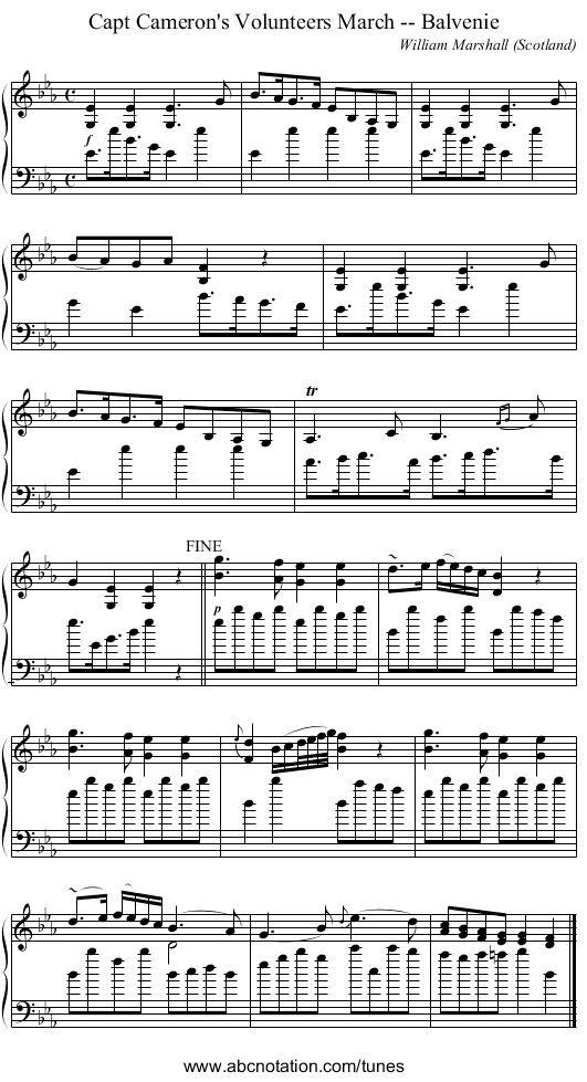 Capt Cameron's Volunteers March -- Balvenie - staff notation