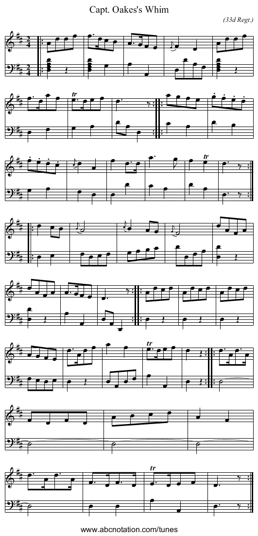 Capt. Oakes's Whim - staff notation