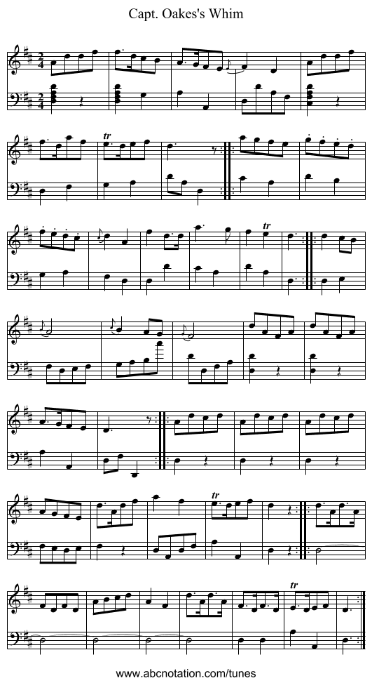 Capt. Oakes's Whim - staff notation