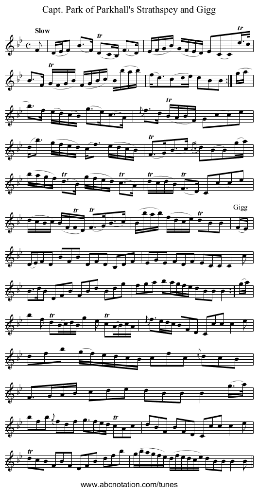 Capt. Park of Parkhall's Strathspey and Gigg - staff notation