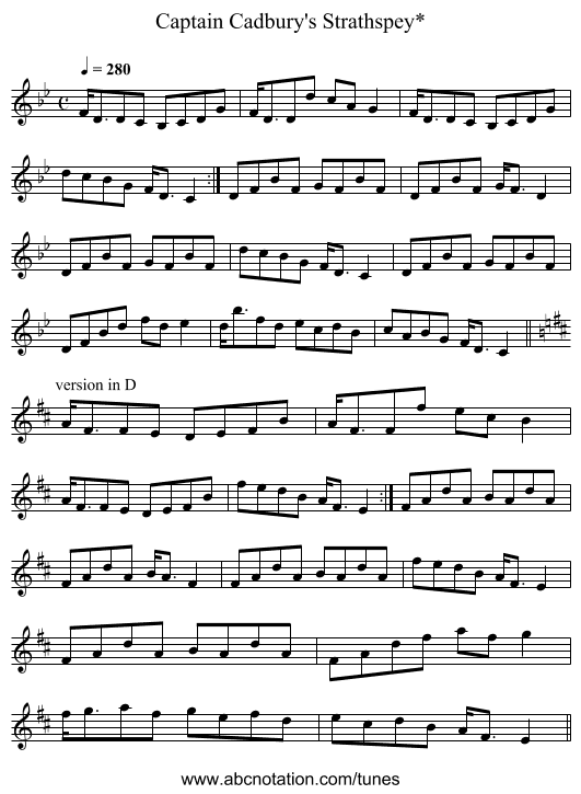 Captain Cadbury's Strathspey* - staff notation