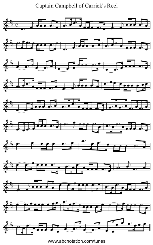 Captain Campbell of Carrick's Reel - staff notation