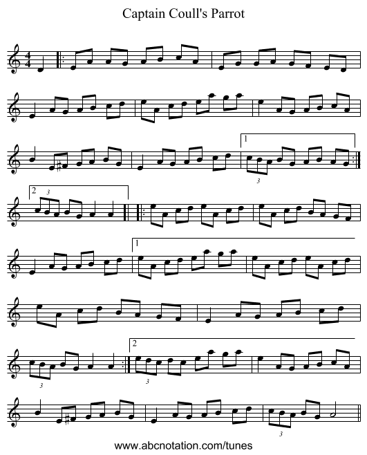 Captain Coull's Parrot - staff notation
