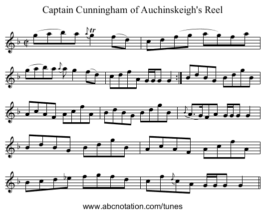Captain Cunningham of Auchinskeigh's Reel - staff notation