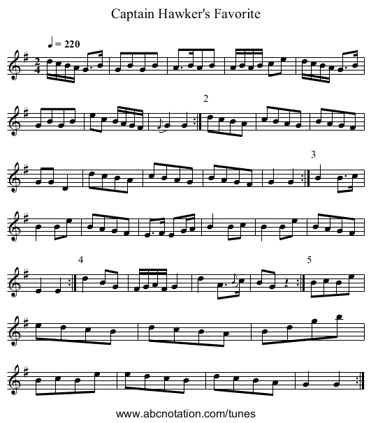Captain Hawker's Favorite - staff notation