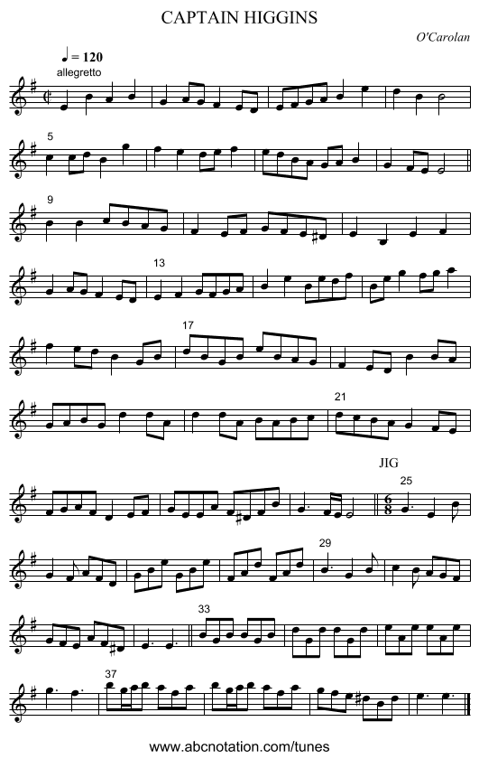 CAPTAIN HIGGINS - staff notation