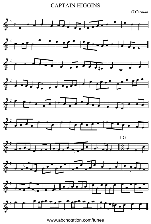 CAPTAIN HIGGINS - staff notation