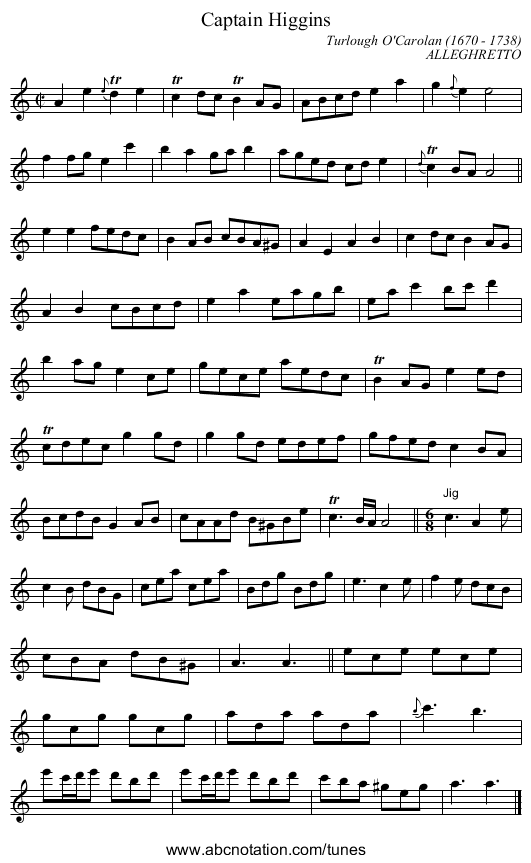 Captain Higgins - staff notation