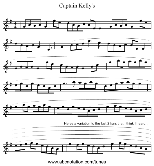 Captain Kelly's - staff notation