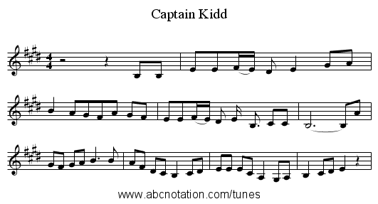 Captain Kidd - staff notation