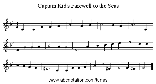 Captain Kid's Farewell to the Seas - staff notation