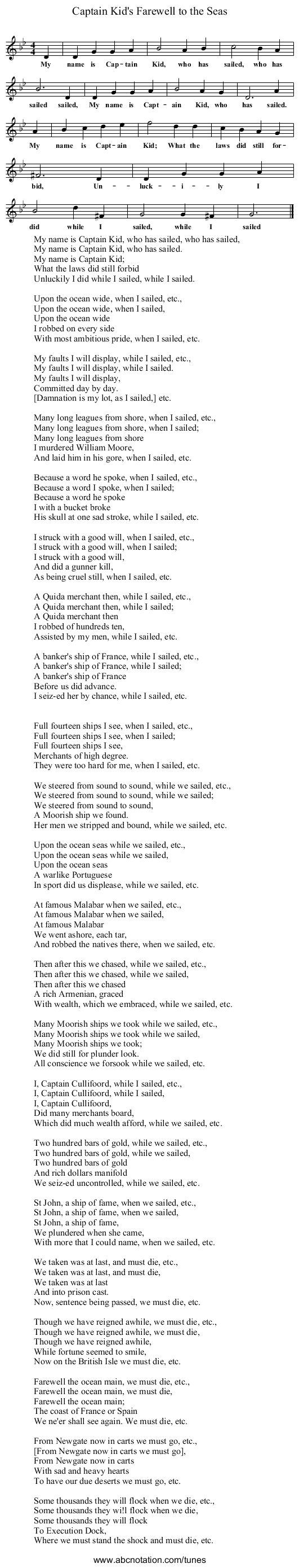 Captain Kid's Farewell to the Seas - staff notation