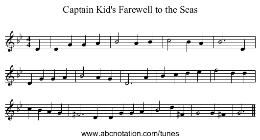 Captain Kid's Farewell to the Seas - staff notation