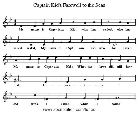 Captain Kid's Farewell to the Seas - staff notation