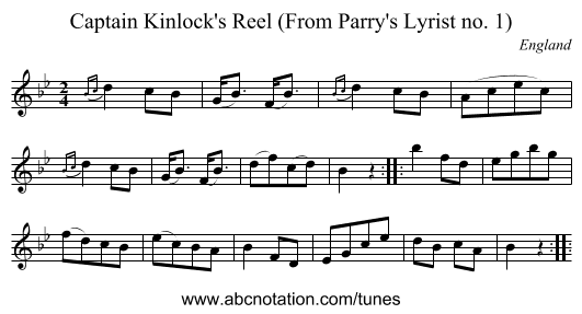 Captain Kinlock's Reel (From Parry's Lyrist no. 1) - staff notation