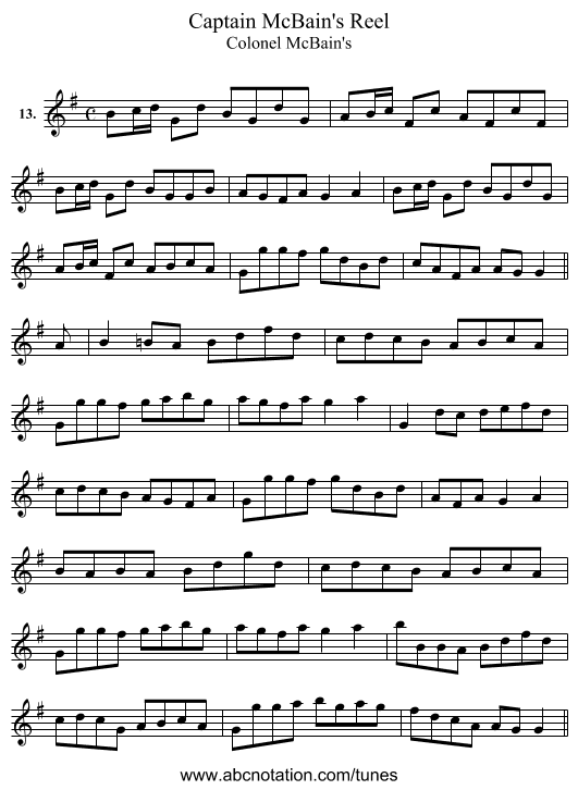 Captain McBain's Reel - staff notation