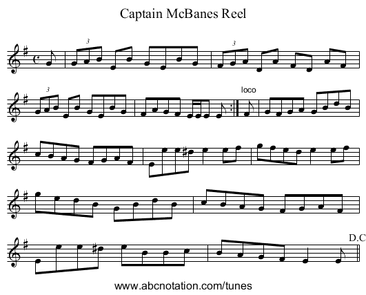Captain McBanes Reel - staff notation