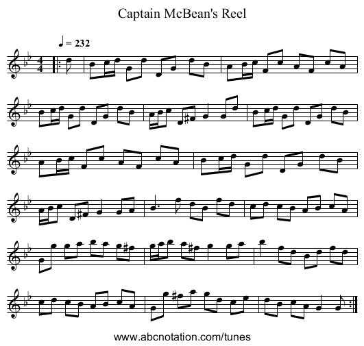 Captain McBean's Reel - staff notation