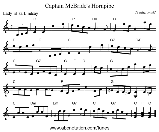 Captain McBride's Hornpipe - staff notation
