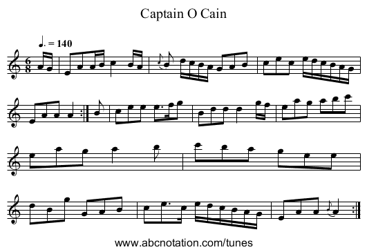 Captain O Cain - staff notation