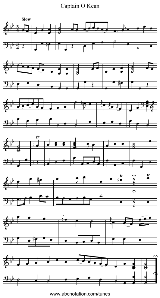 Captain O Kean - staff notation