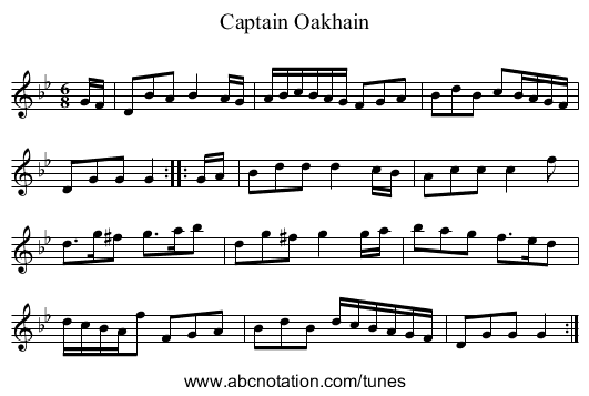 Captain Oakhain - staff notation