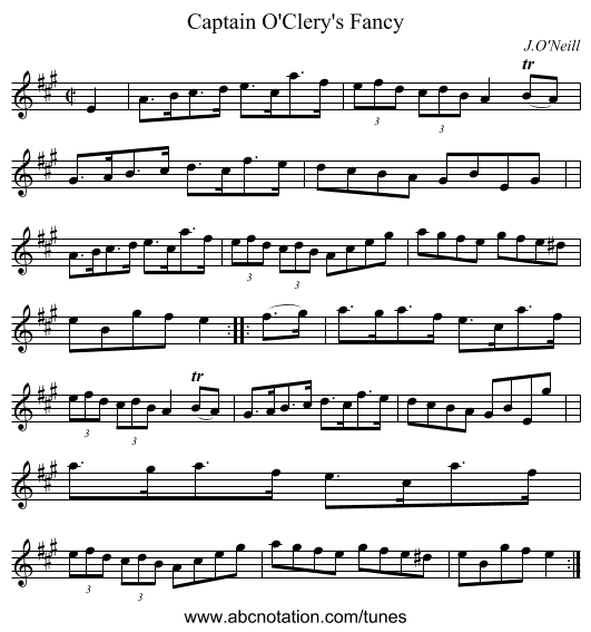 Captain O'Clery's Fancy - staff notation