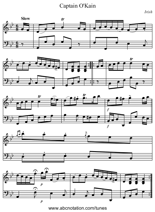 Captain O'Kain - staff notation