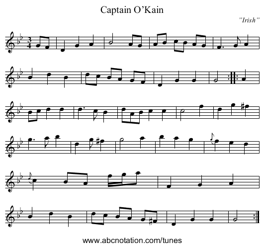 Captain O’Kain - staff notation