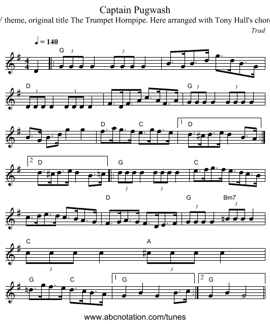 Captain Pugwash - staff notation