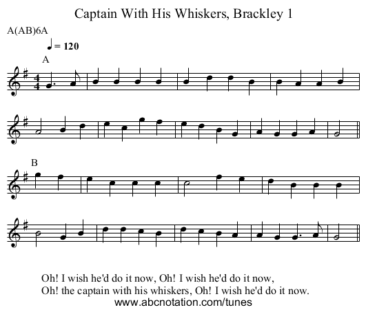 Captain With His Whiskers, Brackley 1 - staff notation