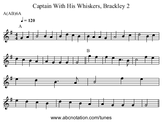 Captain With His Whiskers, Brackley 2 - staff notation