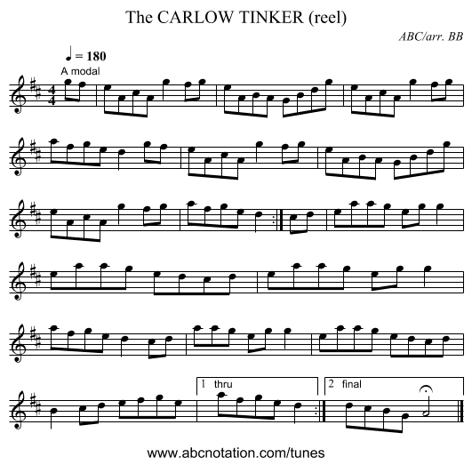 CARLOW TINKER (reel), The - staff notation