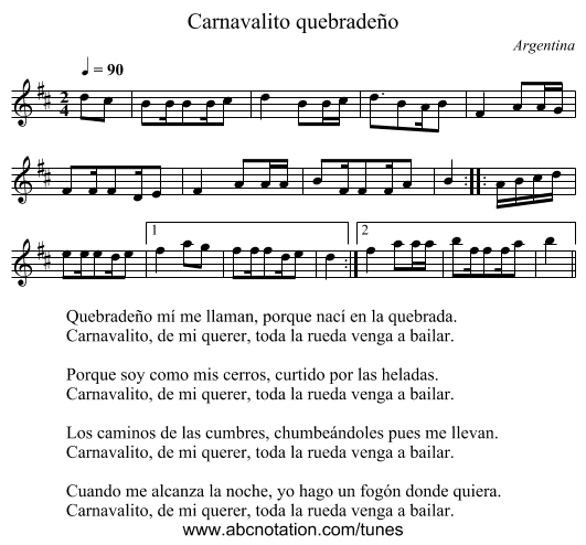 Carnavalito quebrade&ntilde;o - staff notation