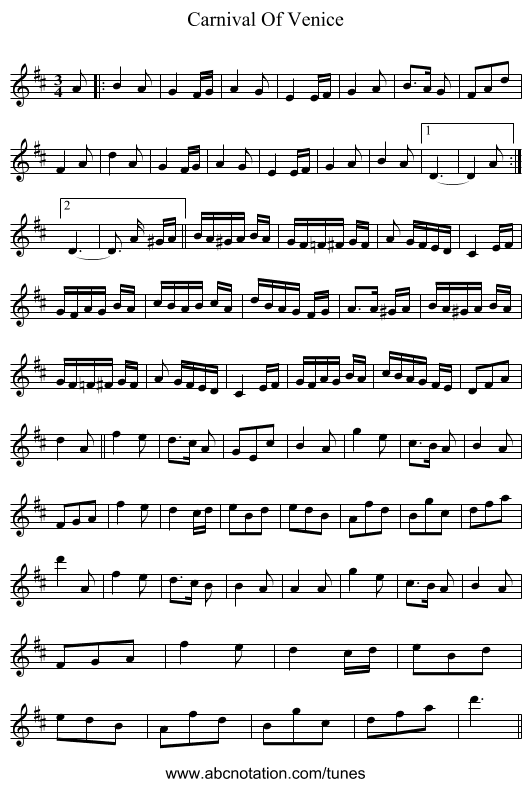 Carnival Of Venice - staff notation